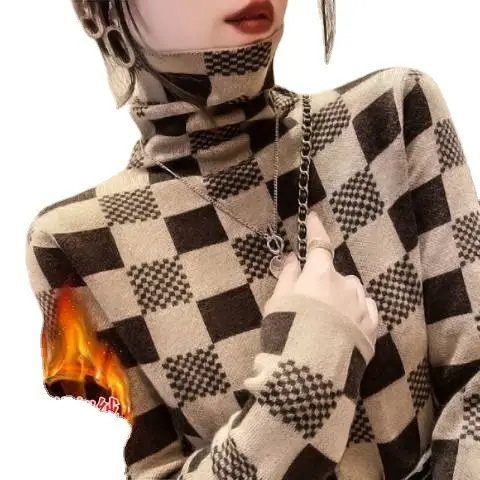 Women Plaid Turtleneck Sweater 2021 Winter Pile Collar - Image 9