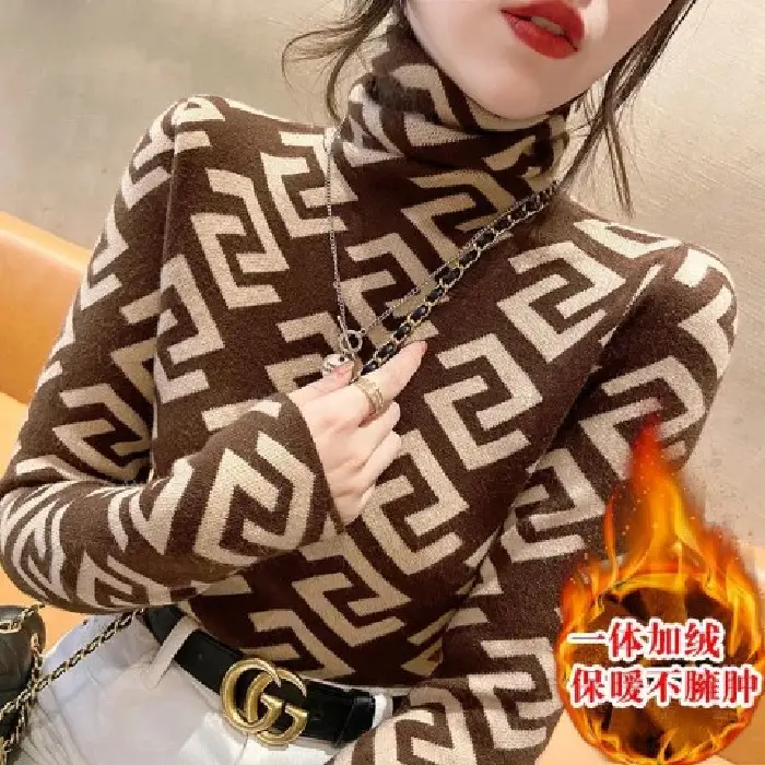 Women Plaid Turtleneck Sweater 2021 Winter Pile Collar - Image 2