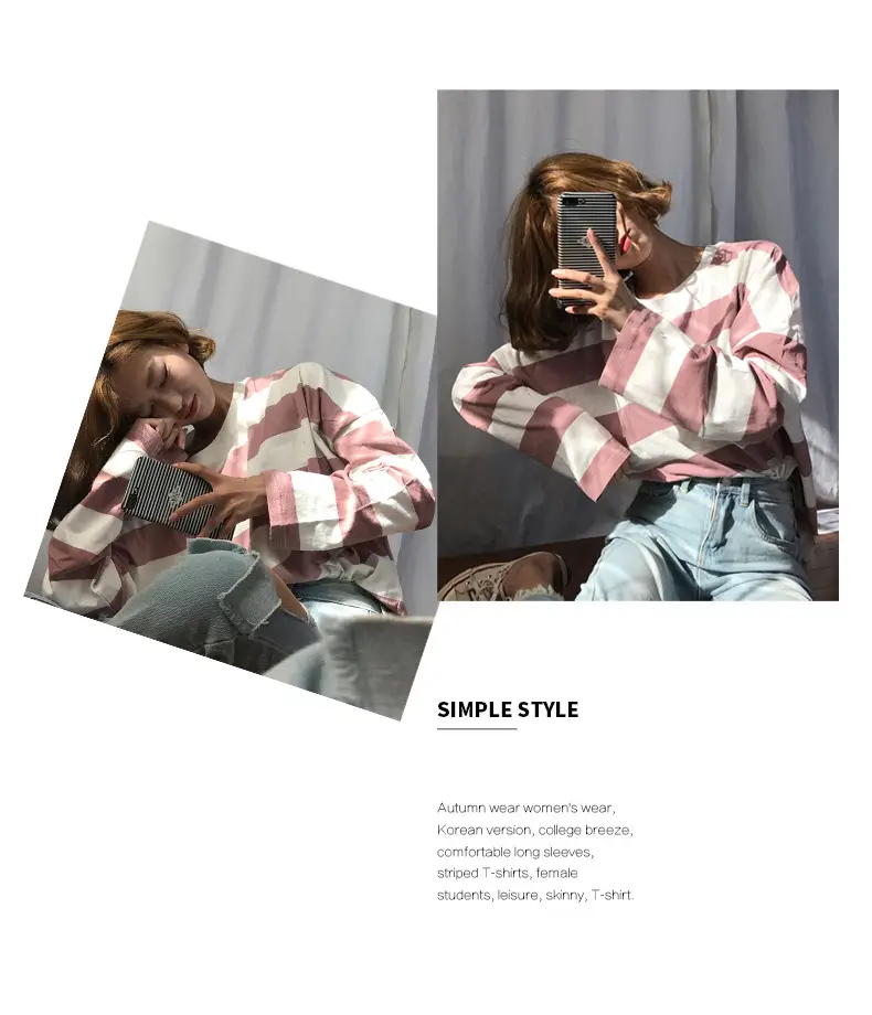 Autumn Long Sleeve Striped T-Shirt for Women Korean Style Loose Fit — feature 1