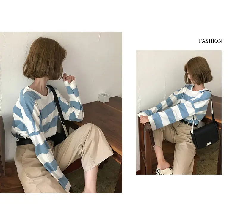 Autumn Long Sleeve Striped T-Shirt for Women Korean Style Loose Fit — feature 7