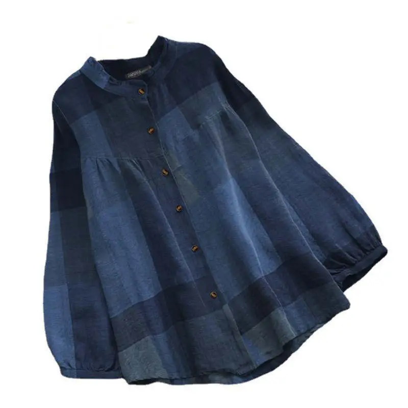 Women Retro Plaid Long Sleeve Shirt Red