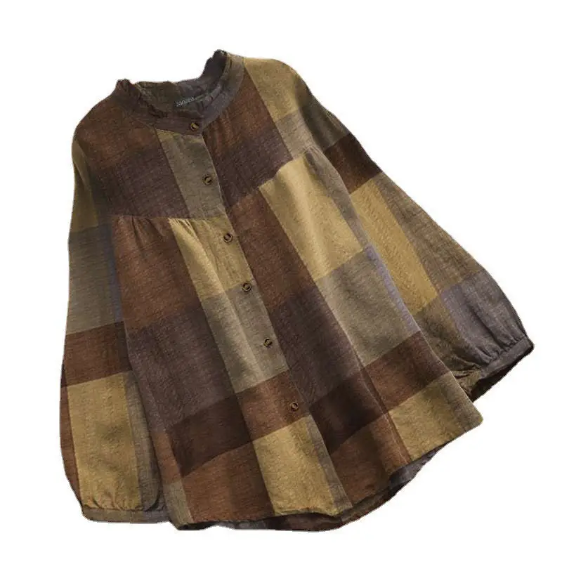 Women Retro Plaid Long Sleeve Shirt Red
