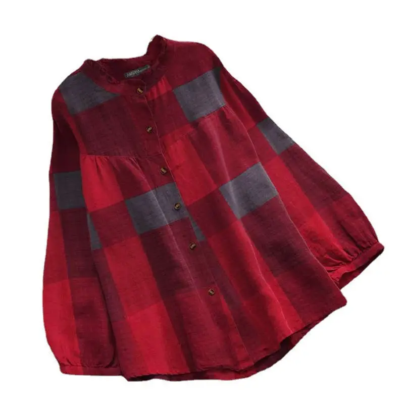 Women Retro Plaid Long Sleeve Shirt Red