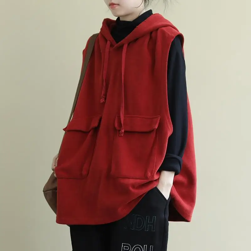 Women's Red Hooded Sleeveless Vest Coat Large