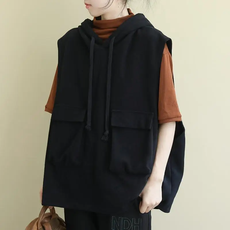 Women's Red Hooded Sleeveless Vest Coat Large