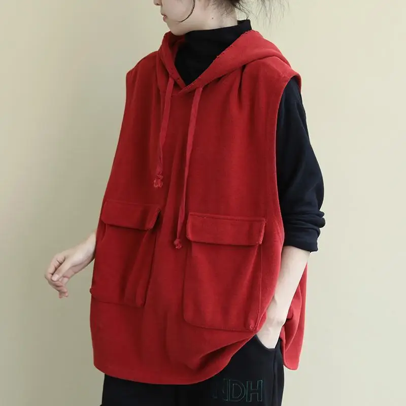 Women's Red Hooded Sleeveless Vest Coat Large