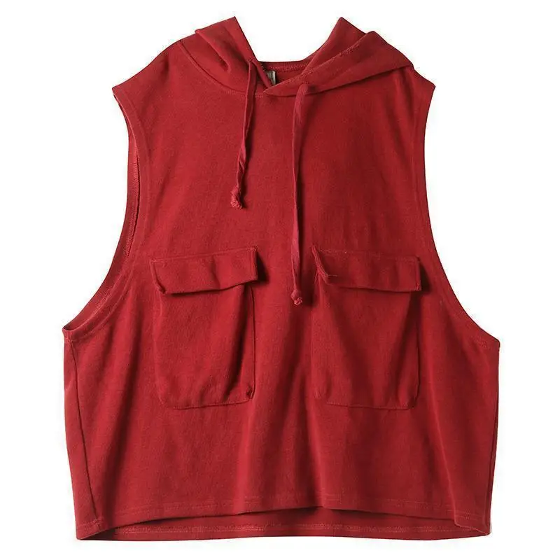 Women's Red Hooded Sleeveless Vest Coat Large