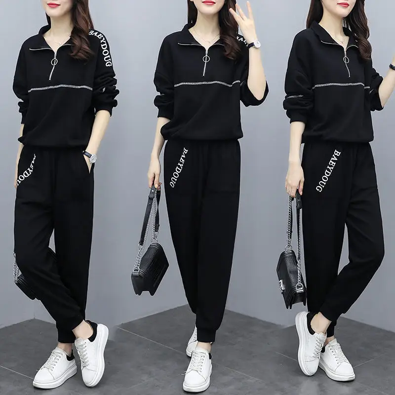 Women's Black Zipper Sweatpants Set Large European Style - Image 5