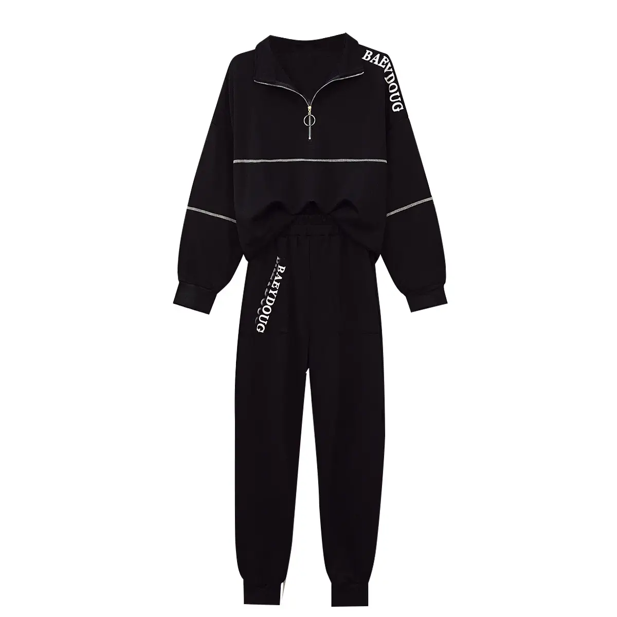 Women's Black Zipper Sweatpants Set Large European Style - Image 6