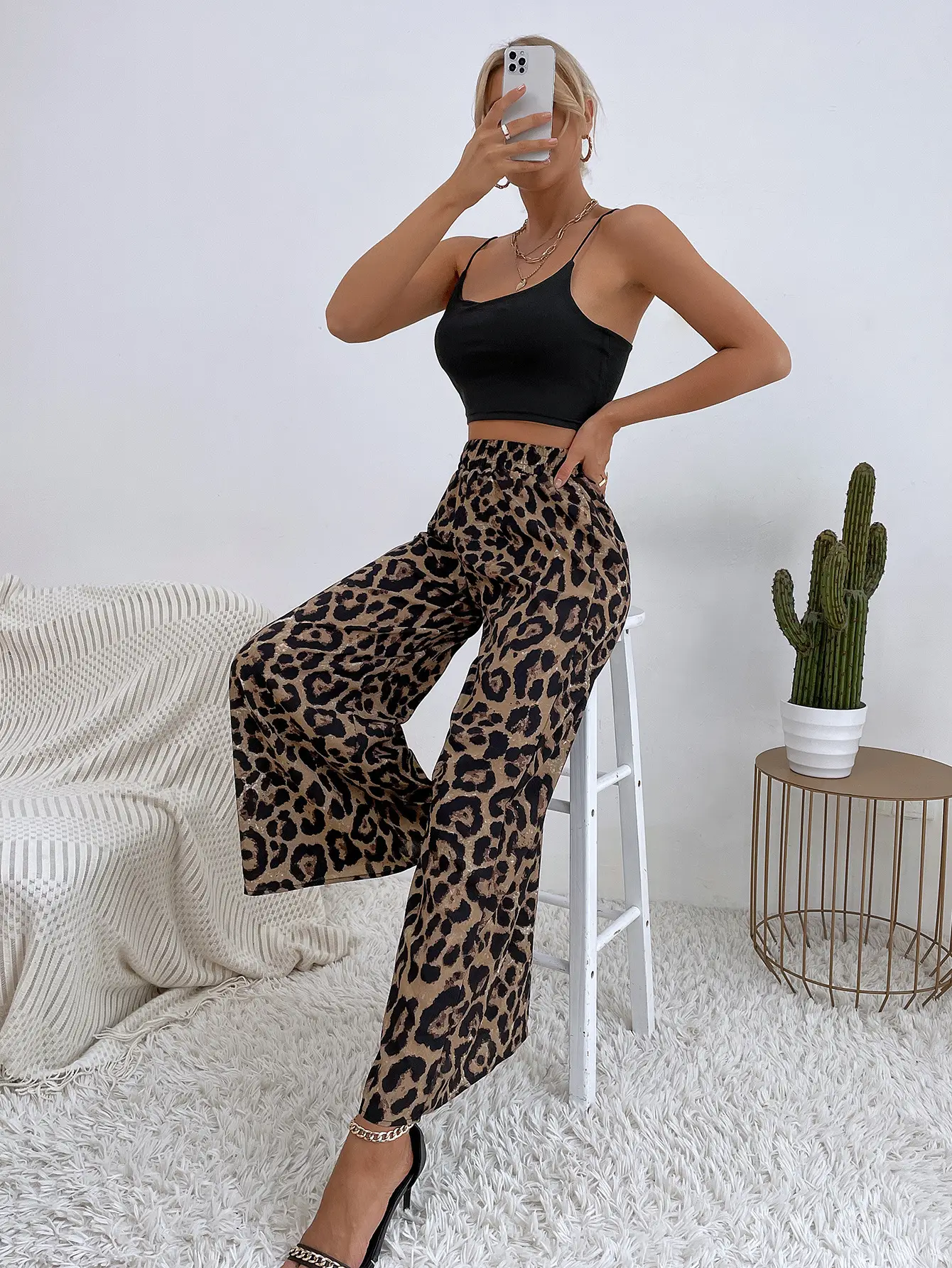 Women Leopard Print Casual Pants Set Europe America — feature 2