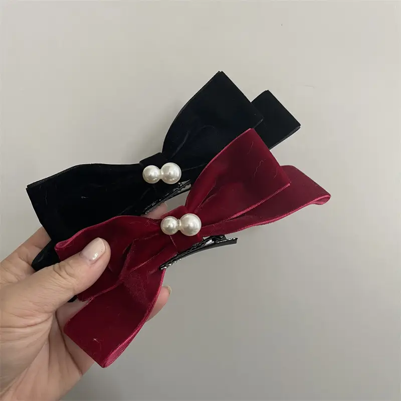 Korean Red Velvet Pearl Hairpin Spring Clip - Image 5