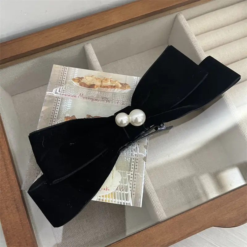 Korean Red Velvet Pearl Hairpin Spring Clip - Image 2
