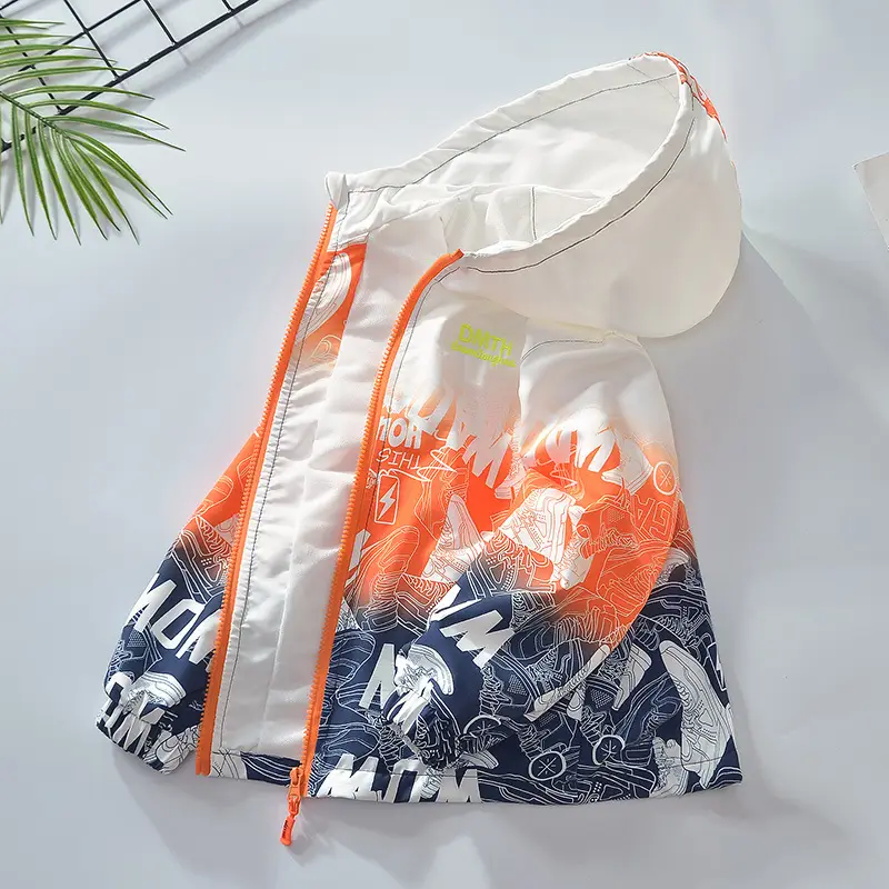 2025 Spring Boys Hooded Zipper Shirt Orange Blue Pattern Medium Large - Image 5
