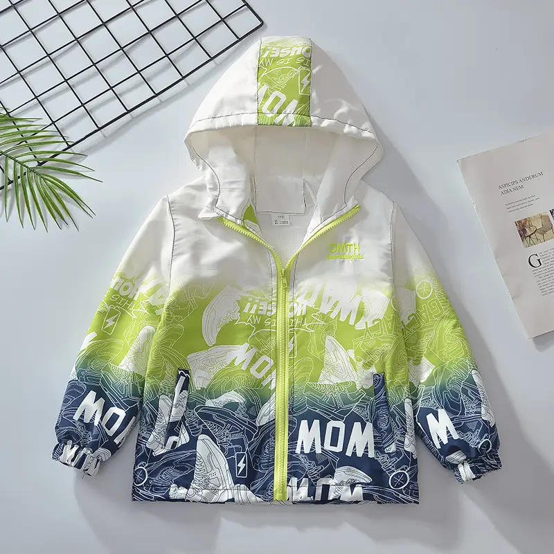 2025 Spring Boys Hooded Zipper Shirt Orange Blue Pattern Medium Large - Image 7