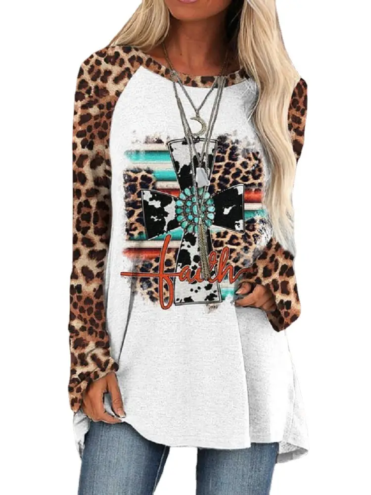 2022 foreign trade cross-border women's fashion loose round neck digital printing Western style long sleeve top 6940
