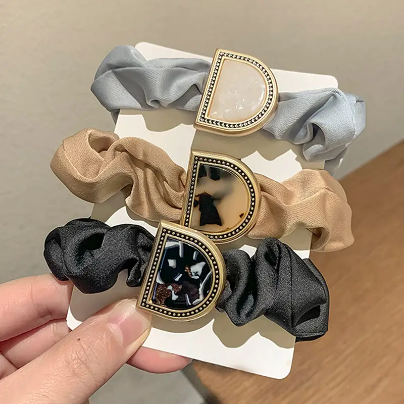Black & Beige Letter D Hair Scrunchies with Heart Design