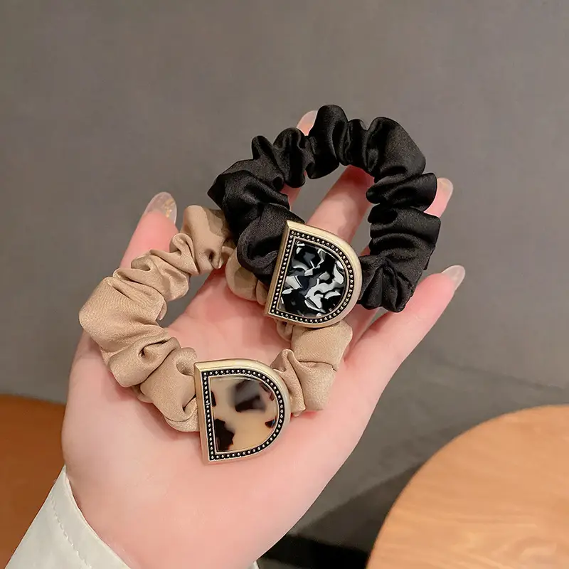 Black & Beige Letter D Hair Scrunchies with Heart Design
