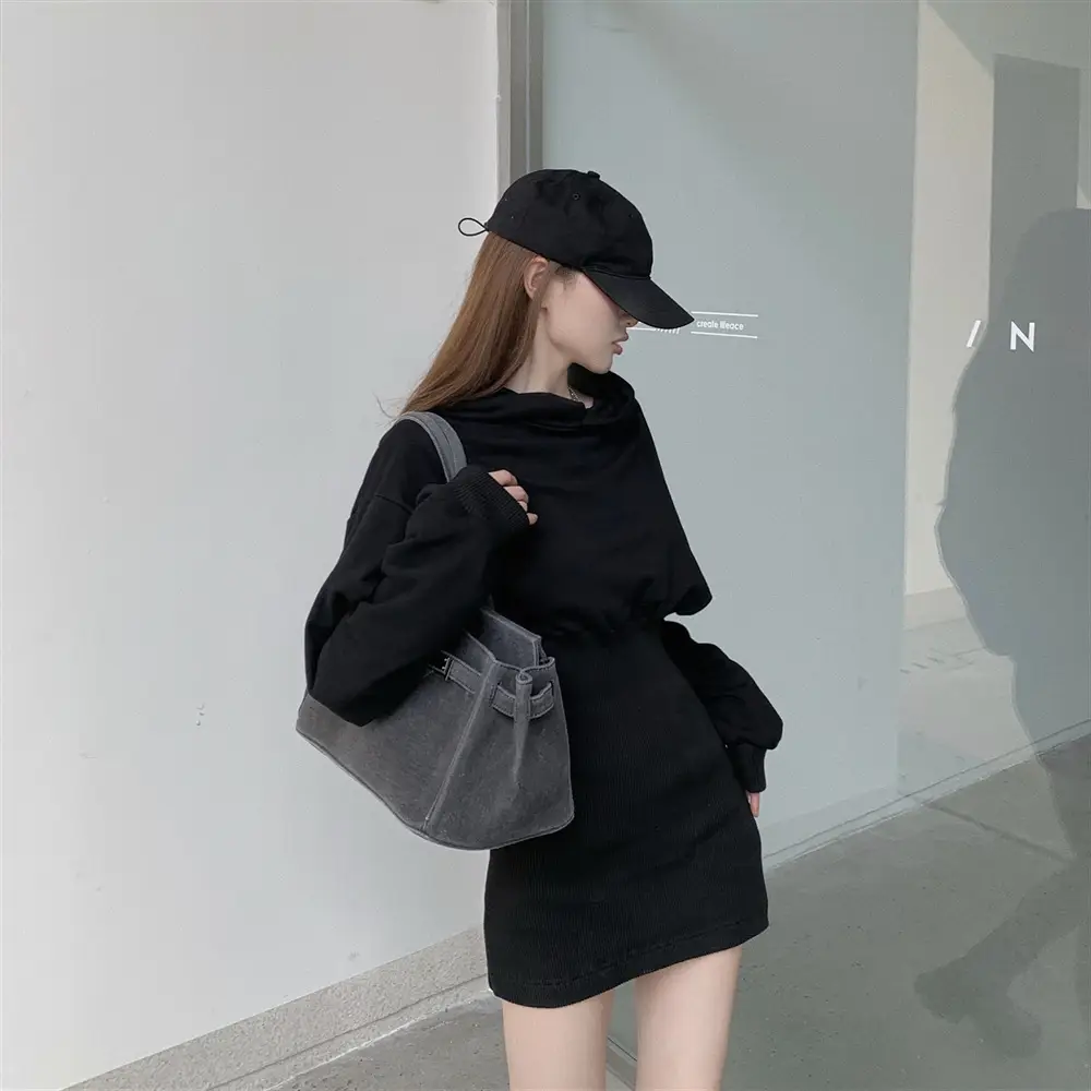 Women Fleece Lined Hooded Skirt Set Black - Image 2