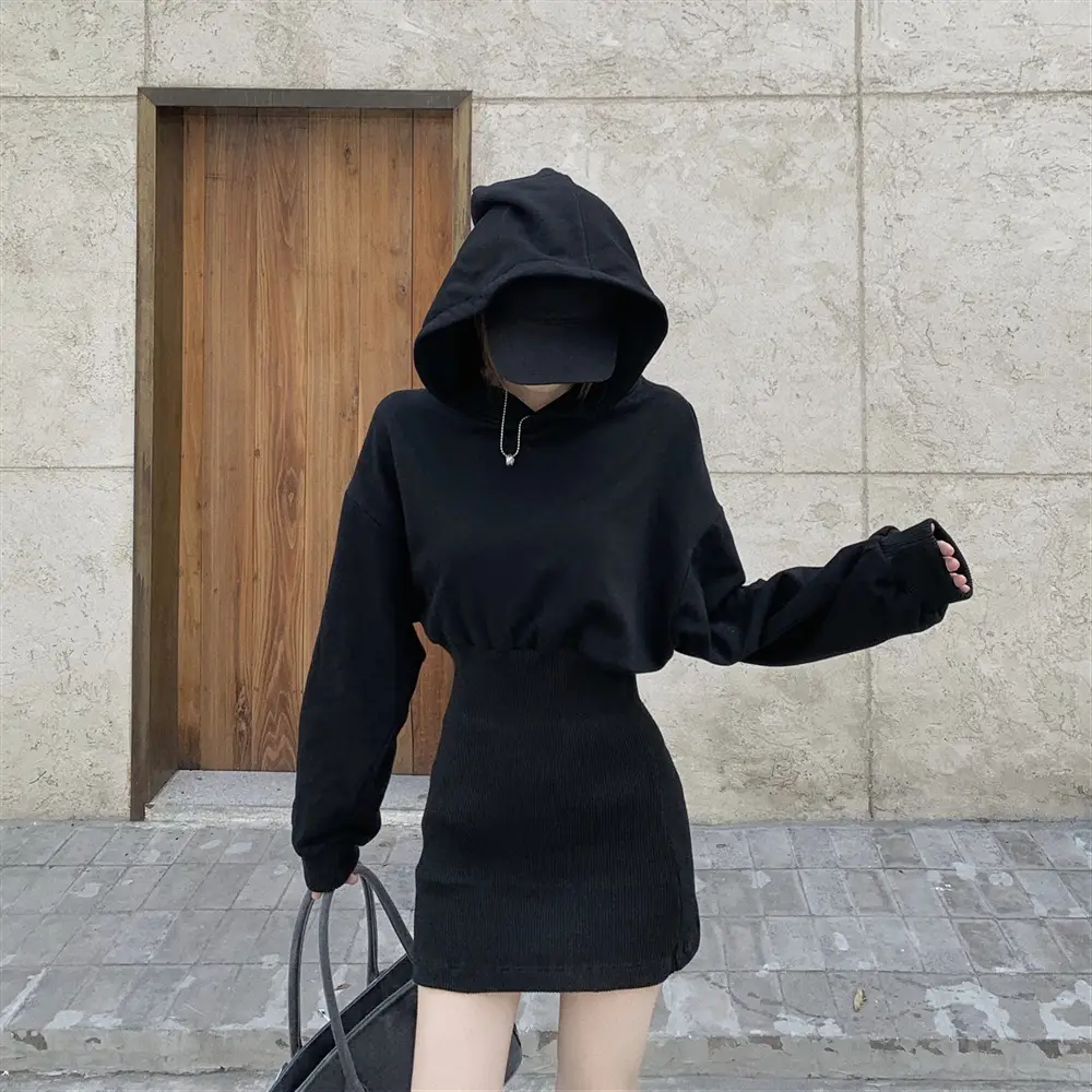 Women Fleece Lined Hooded Skirt Set Black - Image 3