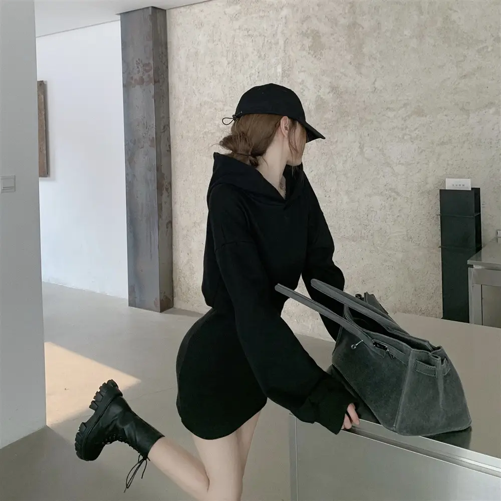 Women Fleece Lined Hooded Skirt Set Black - Image 4