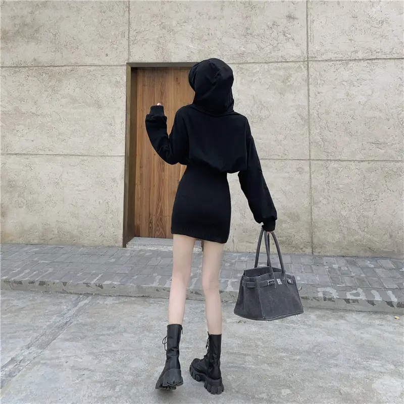 Women Fleece Lined Hooded Skirt Set Black - Image 5