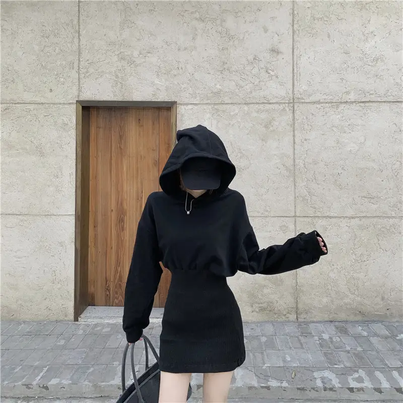 Women Fleece Lined Hooded Skirt Set Black — feature 10