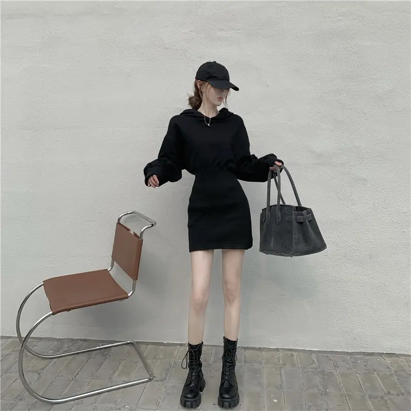 Women Fleece Lined Hooded Skirt Set Black — feature 14