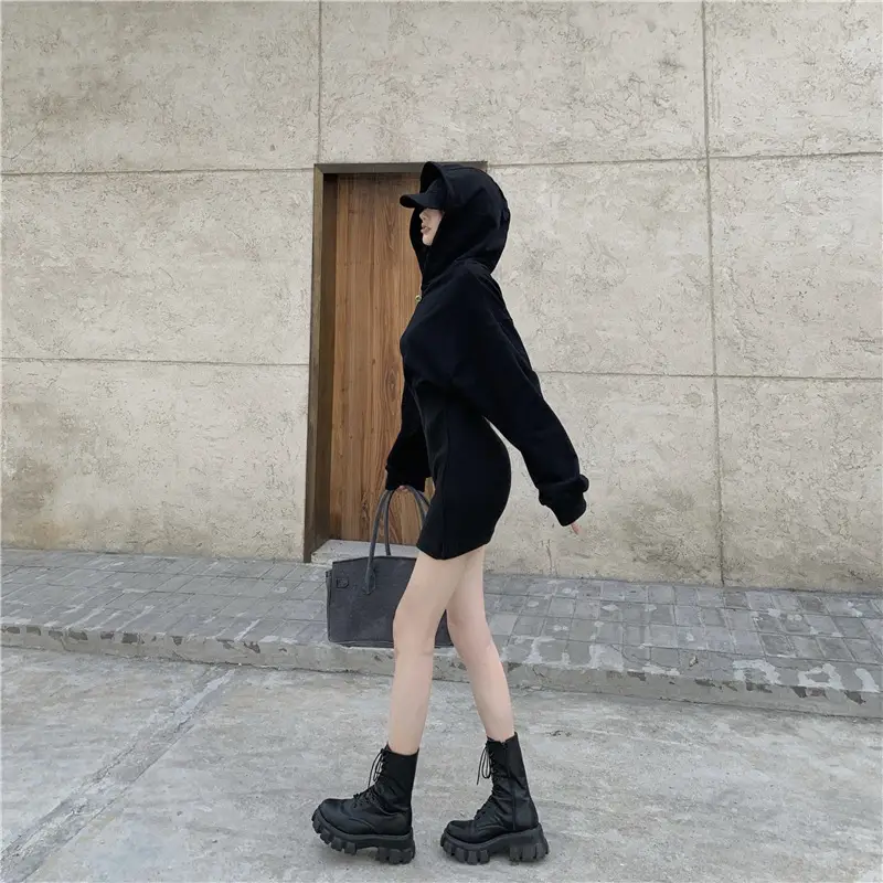 Women Fleece Lined Hooded Skirt Set Black — feature 17