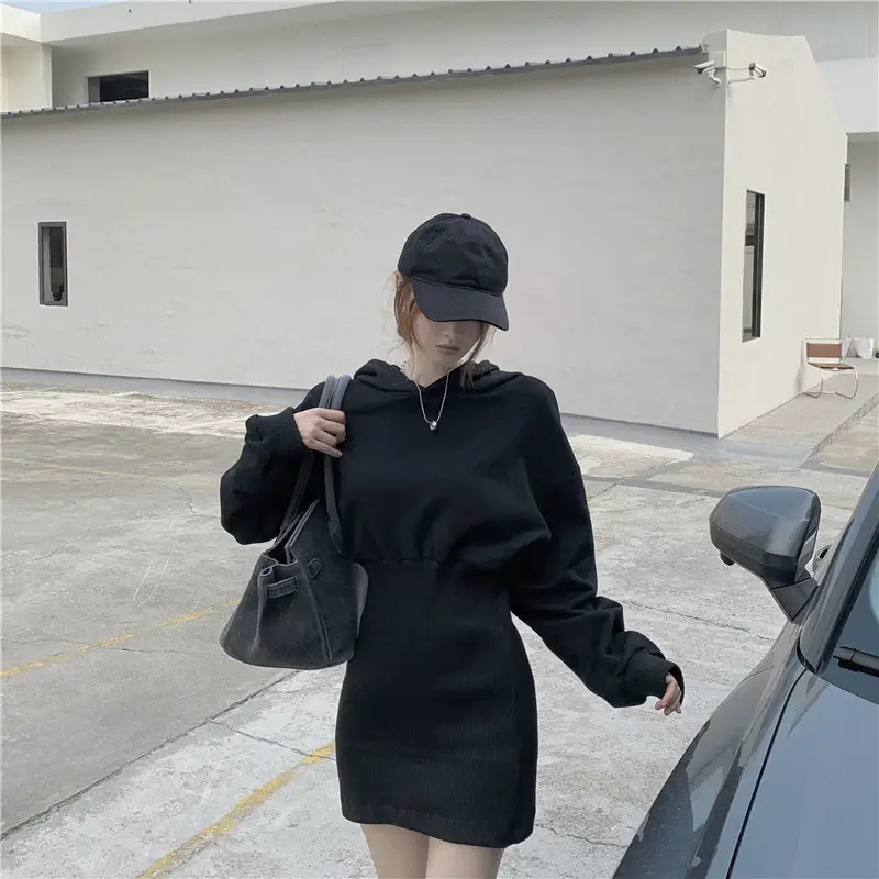 Women Fleece Lined Hooded Skirt Set Black — feature 2
