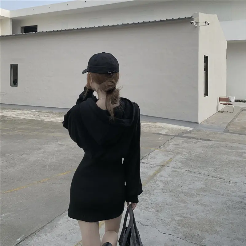 Women Fleece Lined Hooded Skirt Set Black — feature 3