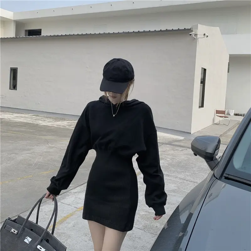 Women Fleece Lined Hooded Skirt Set Black — feature 4