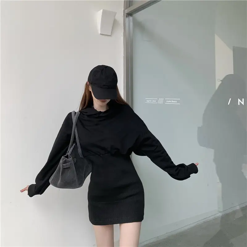 Women Fleece Lined Hooded Skirt Set Black — feature 5