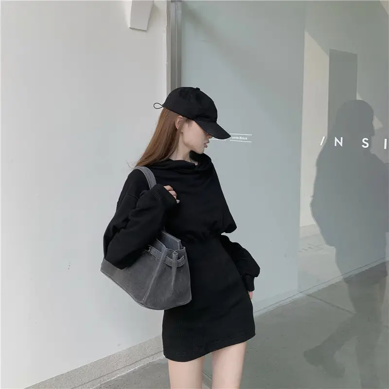 Women Fleece Lined Hooded Skirt Set Black — feature 6