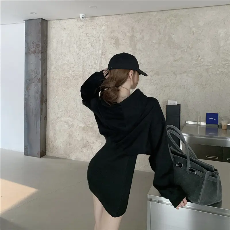 Women Fleece Lined Hooded Skirt Set Black — feature 8