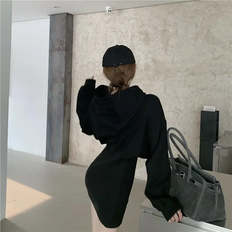 Women Fleece Lined Hooded Skirt Set Black — feature 9
