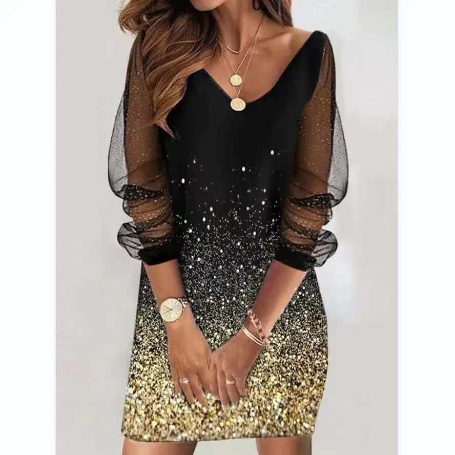 Black Sequin Perspective Mesh Women's Dress - Image 2