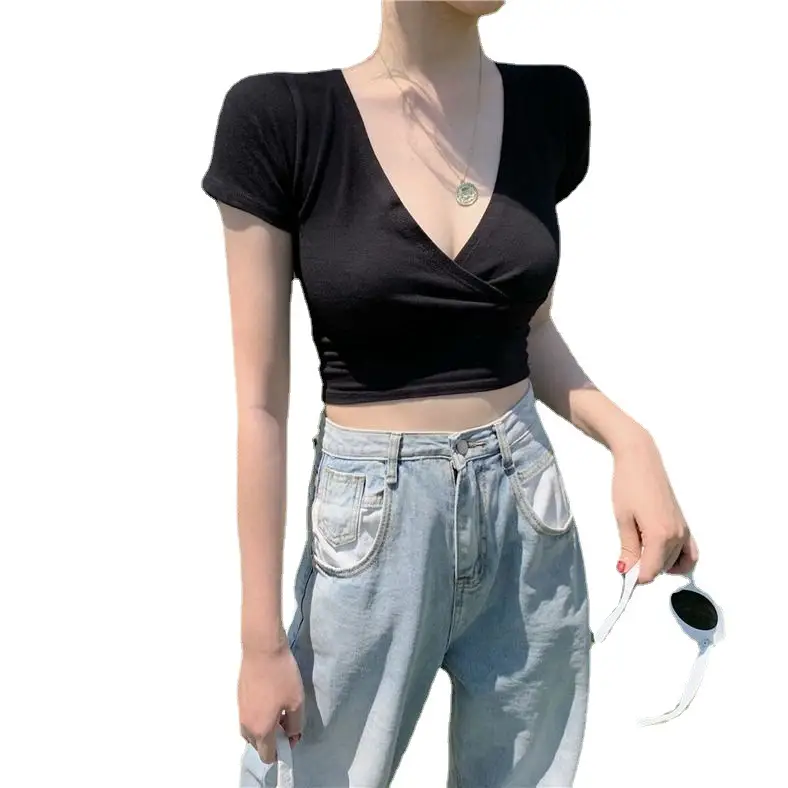Women Black V-Neck Crop T-Shirt 2025 Summer - Image 7