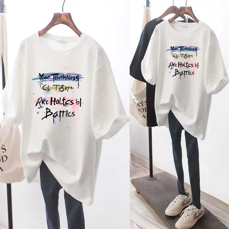 Women Loose Printed T-Shirt Pink Summer