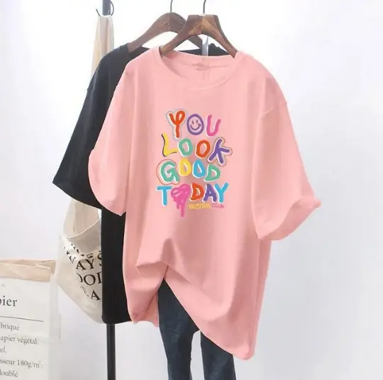 Women Loose Printed T-Shirt Pink Summer