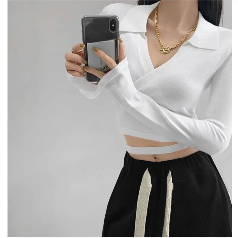 Women's White Collar Sweater with Cross Strap Bottom - Image 5