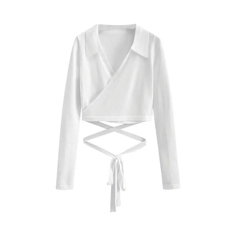 Women's White Collar Sweater with Cross Strap Bottom - Image 6
