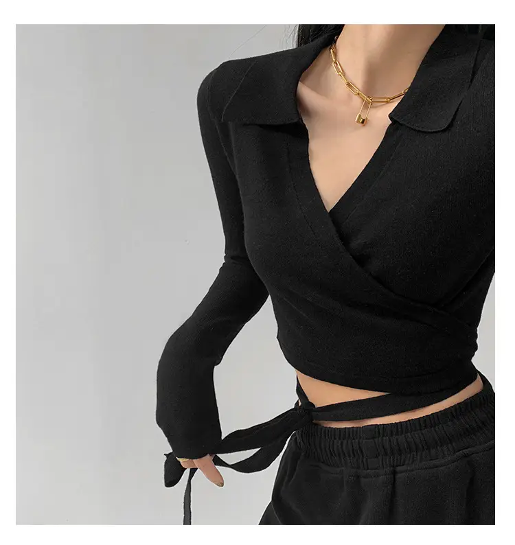 Women's White Collar Sweater with Cross Strap Bottom — feature 11