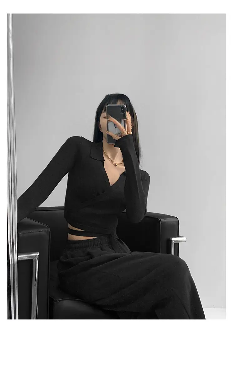 Women's White Collar Sweater with Cross Strap Bottom — feature 12
