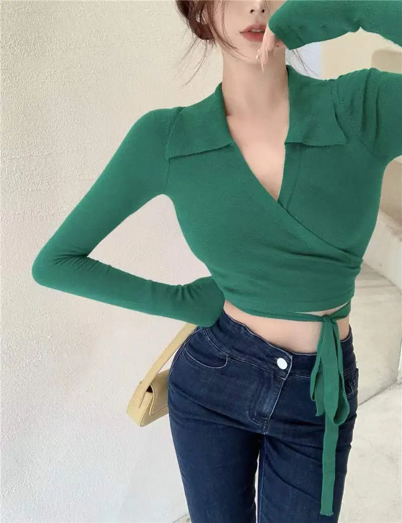 Women's White Collar Sweater with Cross Strap Bottom — feature 13