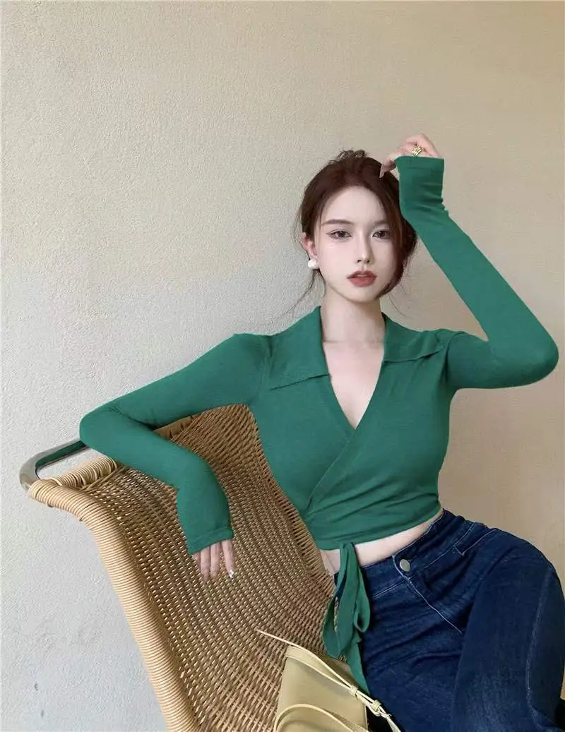 Women's White Collar Sweater with Cross Strap Bottom — feature 15