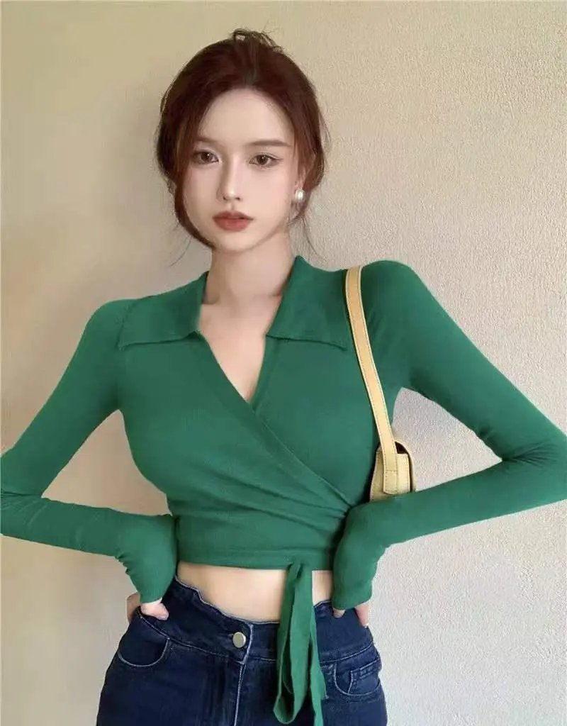 Women's White Collar Sweater with Cross Strap Bottom — feature 16