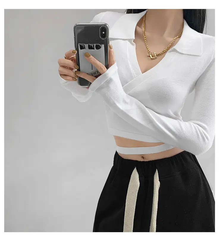 Women's White Collar Sweater with Cross Strap Bottom — feature 3