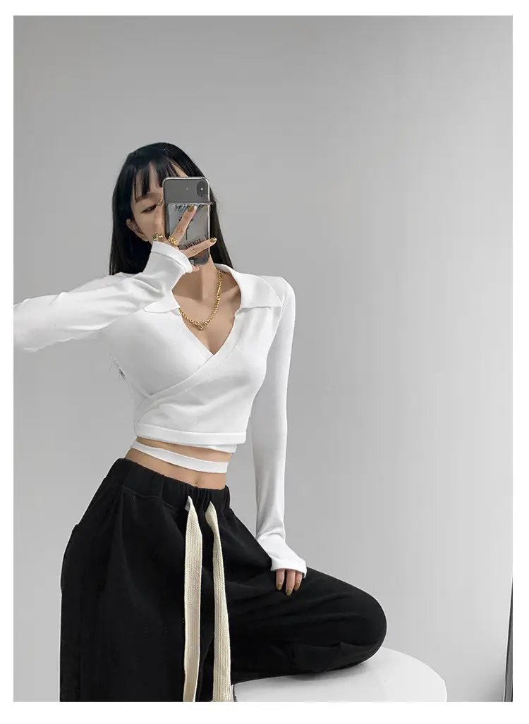 Women's White Collar Sweater with Cross Strap Bottom — feature 4