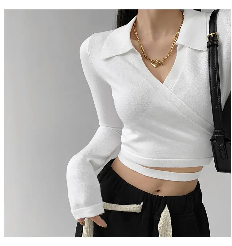 Women's White Collar Sweater with Cross Strap Bottom — feature 5