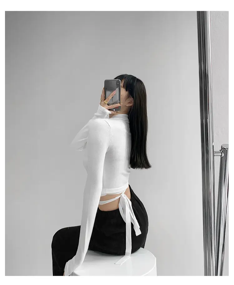 Women's White Collar Sweater with Cross Strap Bottom — feature 6